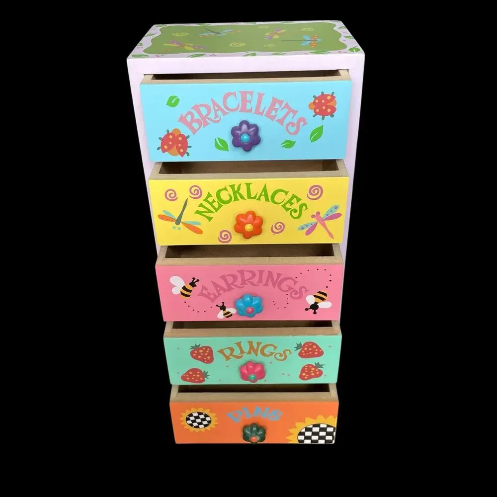 Growth Cooperate Wooden 5 Drawer Jewelry Chest Box Vtg 2000’s y2k Child READ